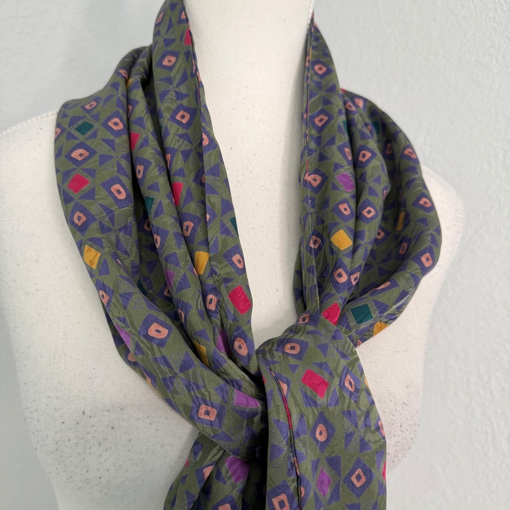 Vintage Geometric Fringe Scarf Olive Green Purple Art Deco Southwestern Boho